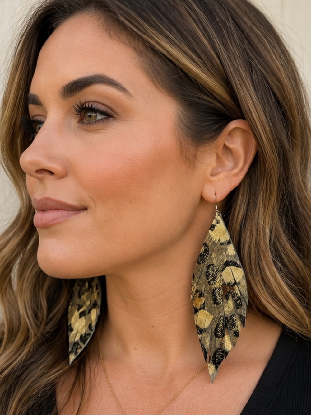 Leopard Print Genuine Hair-On Hide Leather Feather Earrings Boho Western NEW